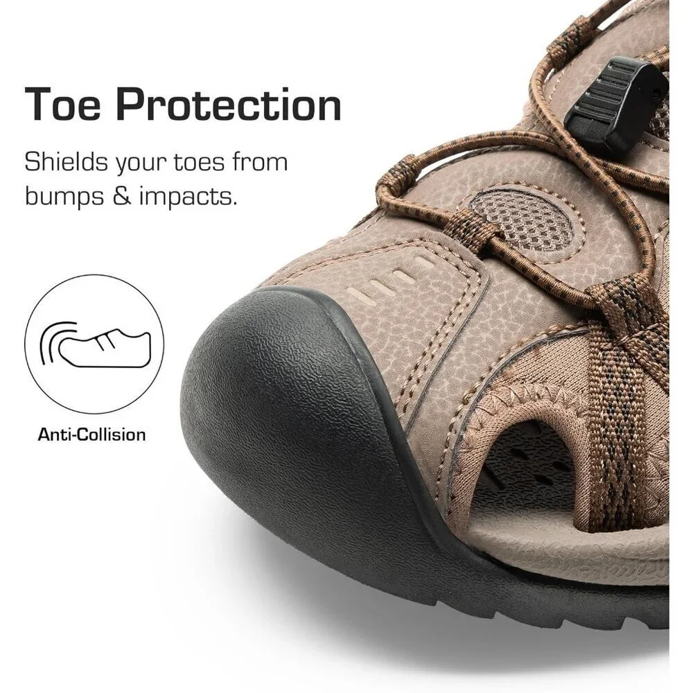 Casual Hiking Sandals Men's Khaki Athletic Cushioned Closed Toe Fisherman Shoes